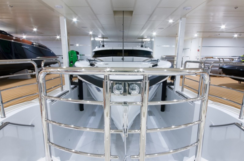 Tender stowed in yacht garage